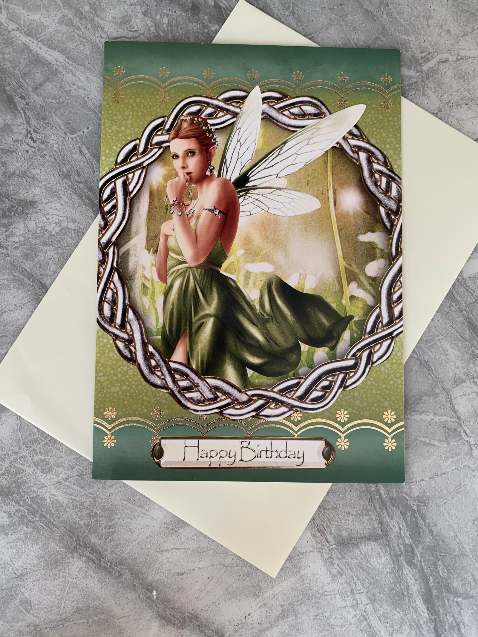 Hand Crafted green fairy Happy Birthday card